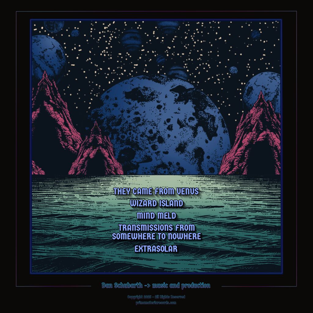 This is the back cover for the album "Extrasolar" by The Red Book.  It shows a drawing of mountains in a green sea on an alien planet, with several large planets in a starry sky in the background.  It is the same image as the front cover except that the island is not there, and in its place are the song titles and credits.